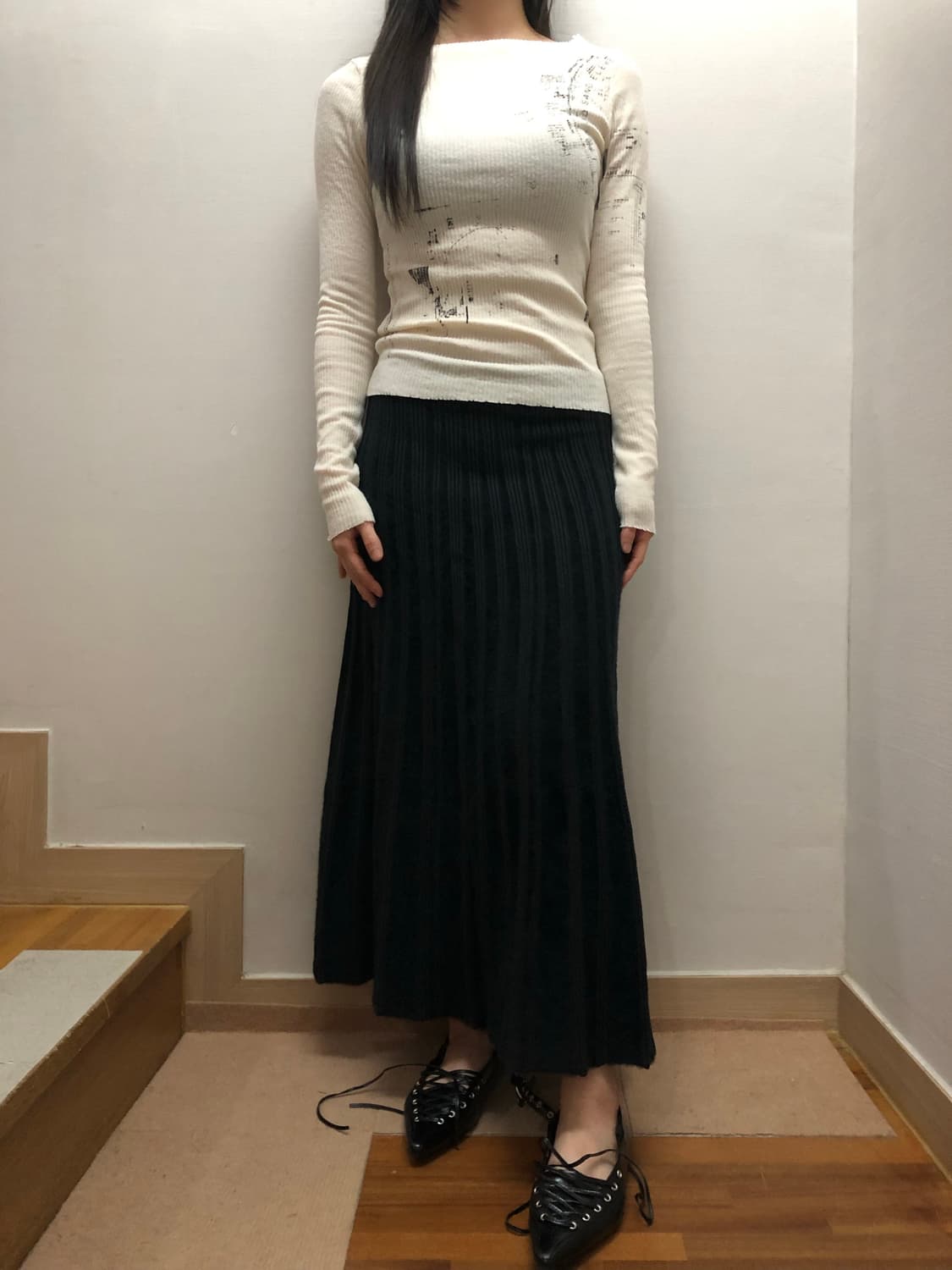 빈티지 블랙 스트라이프 롱 니트 스커트 상품이미지4