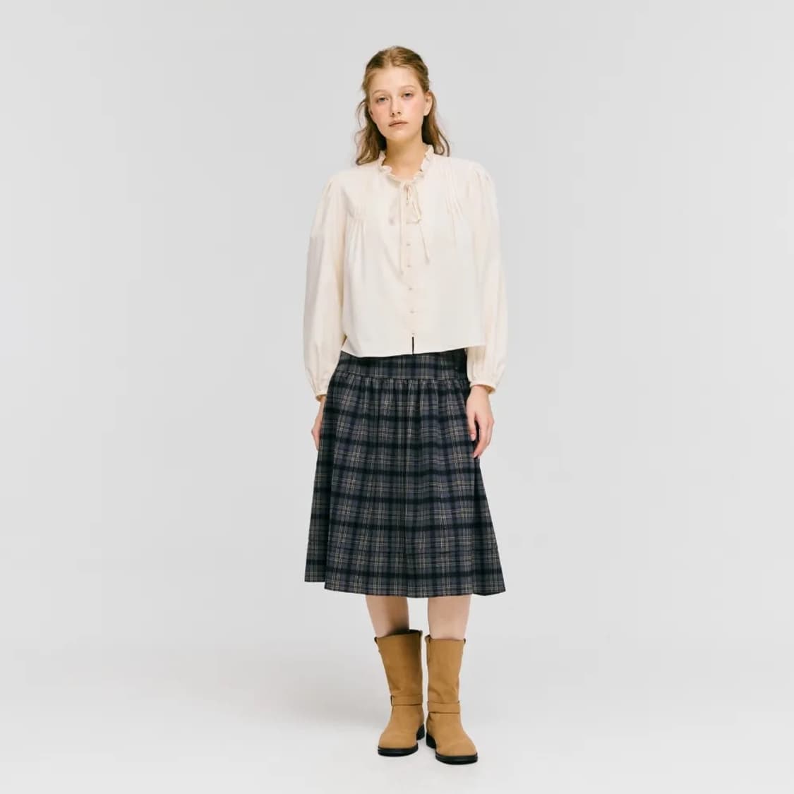 드파운드 체크 셔링 미디 스커트 그레이 상품이미지2