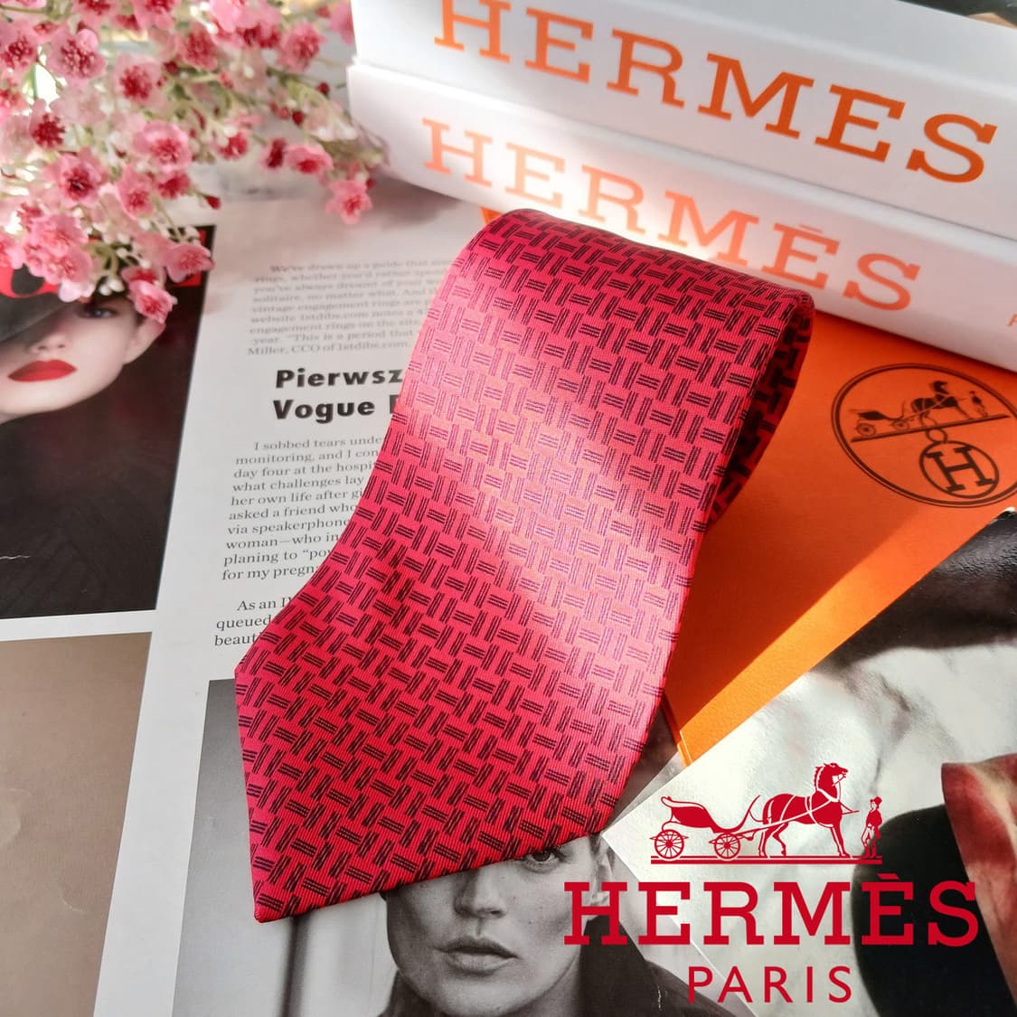 에르메스 실크 레드 H 패턴 넥타이 9.6cm A+~A등급 A19604
 상품이미지1