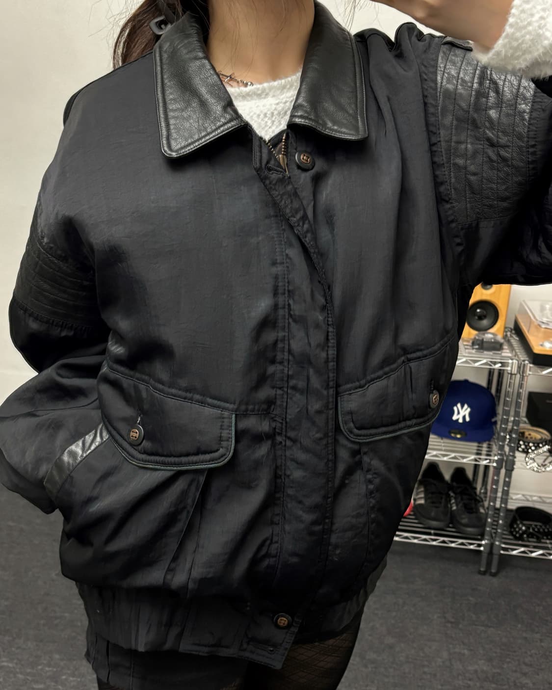 올드 빈티지 레더카라 봄버 자켓 블랙 상품이미지1