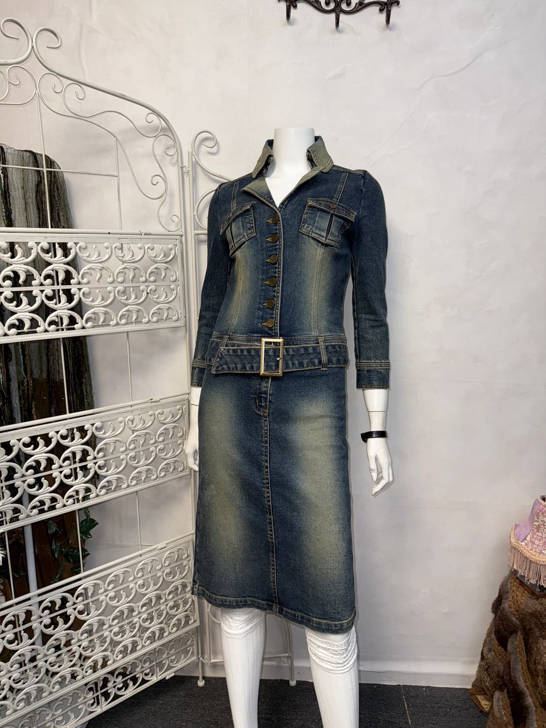 Egoist washing denim belted midi ops 상품이미지1