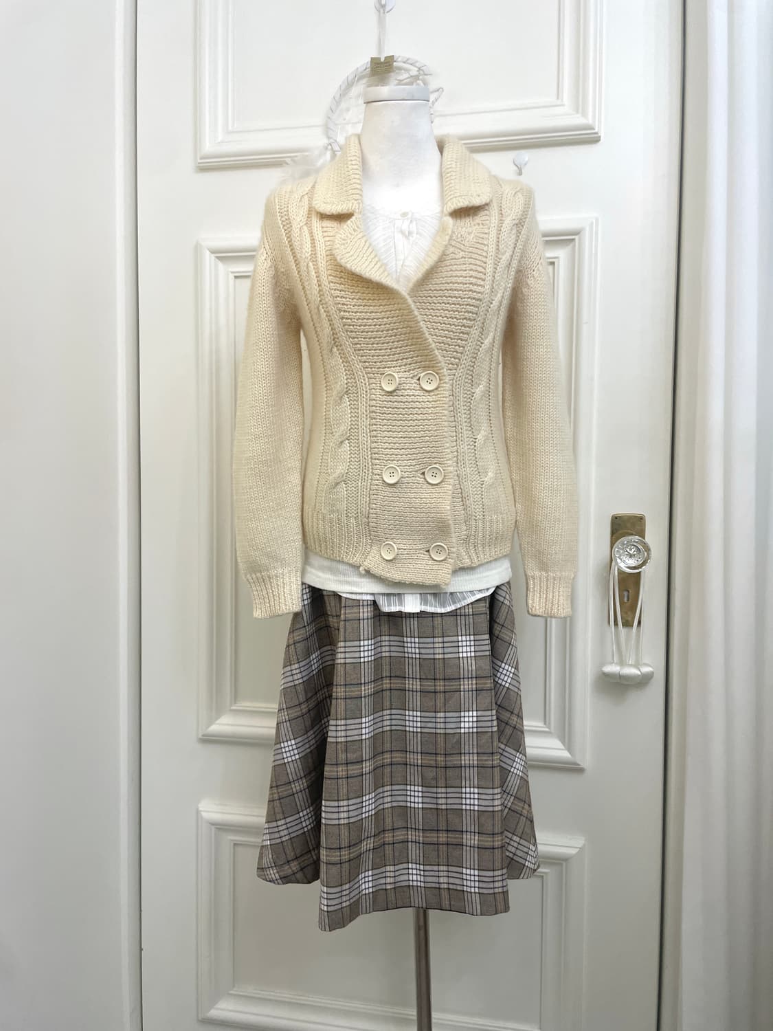 beige brown check pleats banding skirt 상품이미지5