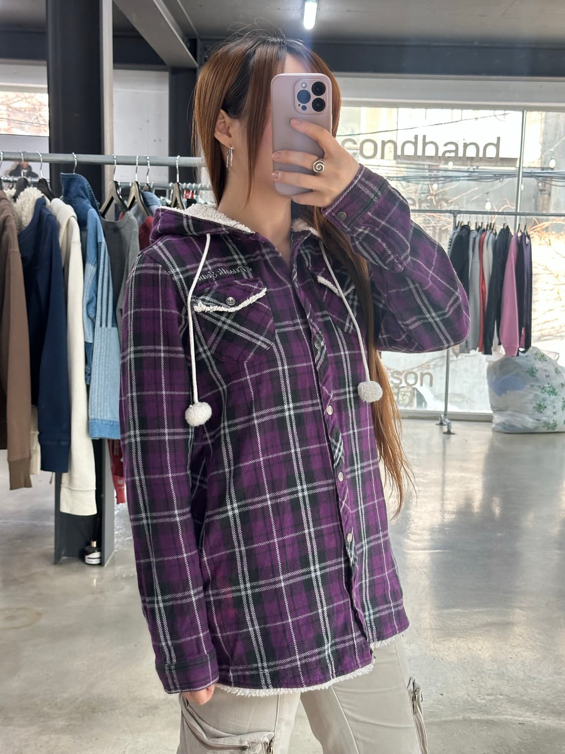 빈티지 폼폼이 체크 후드셔츠자켓 상품이미지4