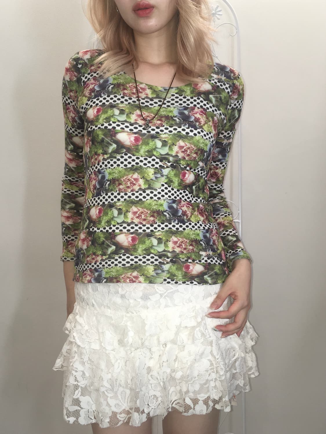 jpn vintage french flower dot slim t shi 상품이미지2