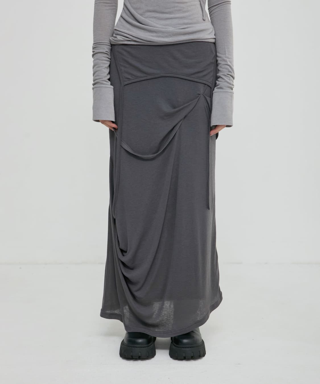 Asymmetrical Draped Long Skirt Dark Gray 상품이미지2