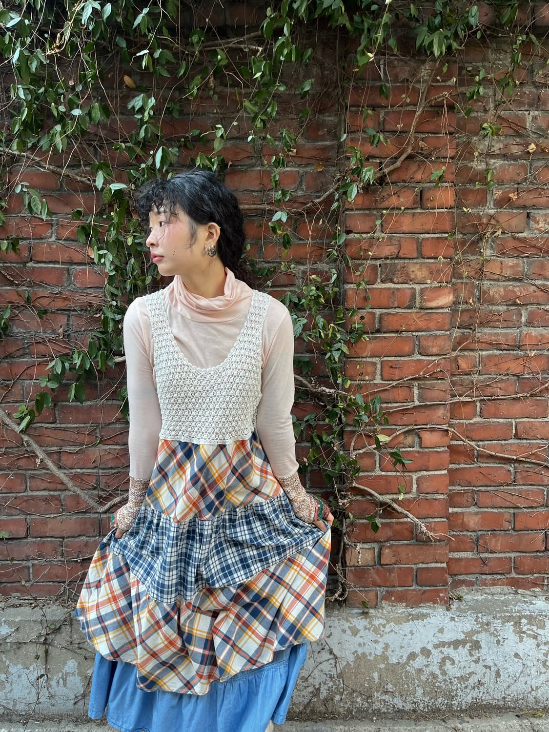 빈티지 체크 패치 원피스 상품이미지1