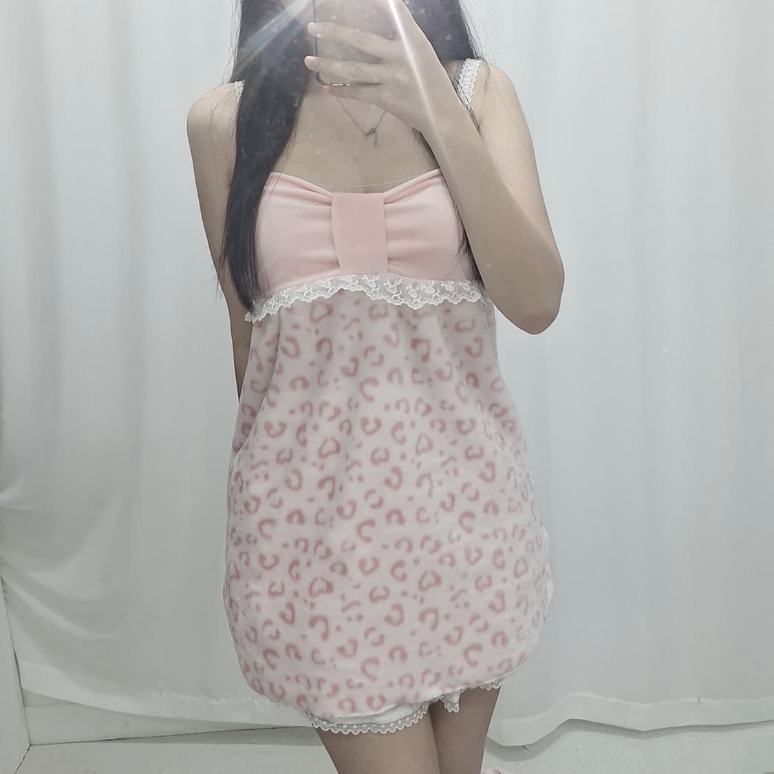 갸루 핑크 레오파드 나시 원피스 히메갸루 라떼갸루 오네갸루 리본 러블리 상품이미지3