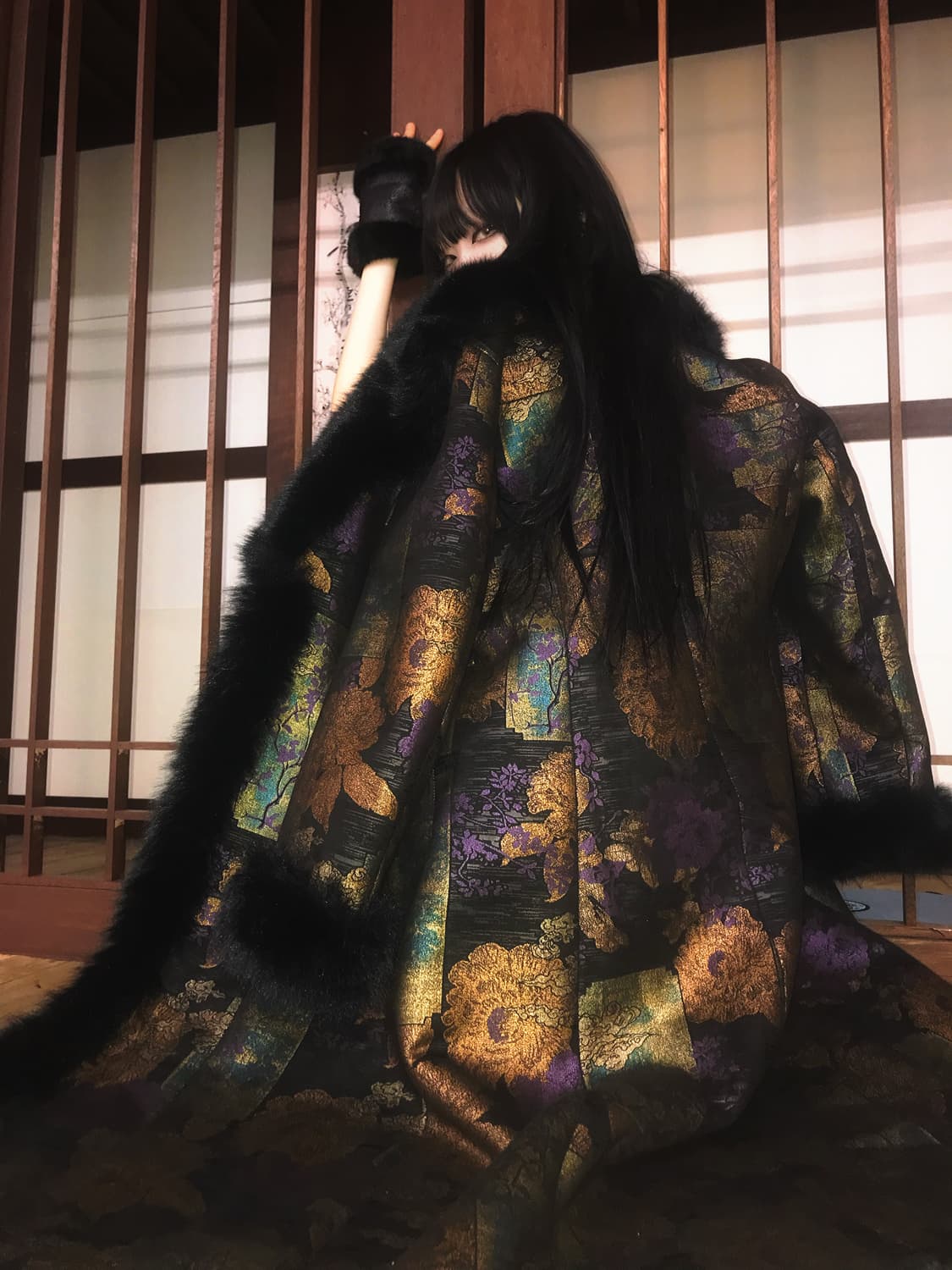 Brocade Long Fur Trim Coat  상품이미지4