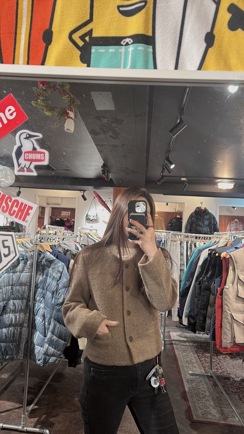 더오픈 프로덕트 트위드 브라운 부클 노카라 크롭 자켓 상품이미지6