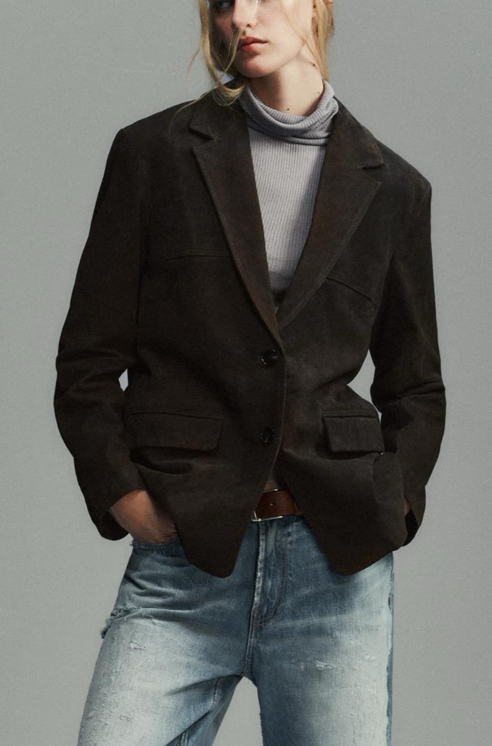 100% 스웨이드 가죽 포켓 블레이저 상품이미지1