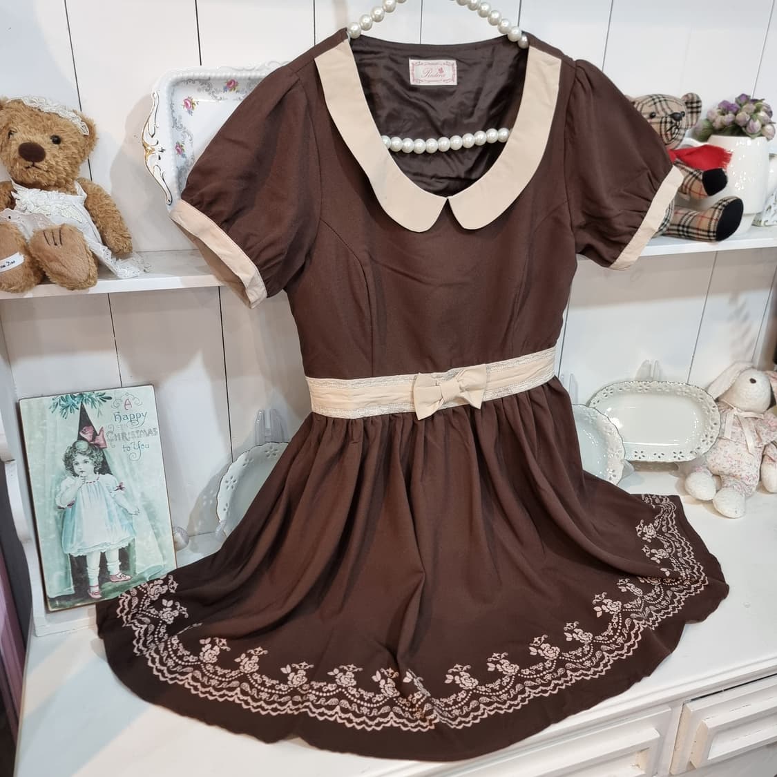 초코무드 배색 카라 리본원피스 상품이미지3