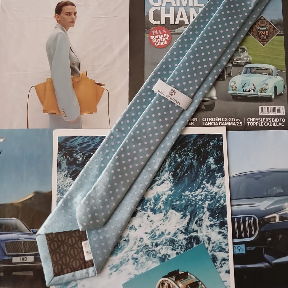 루이까또즈 실크 스카이블루 도트 패턴 넥타이 8cm A+등급 A19315 상품이미지4