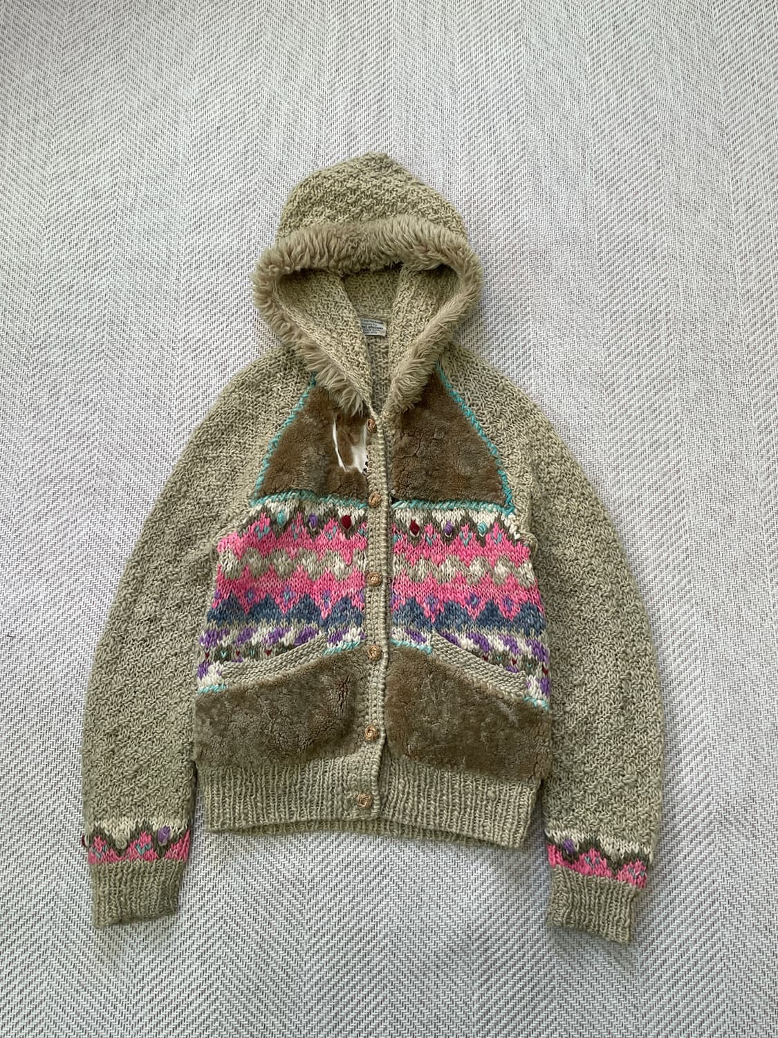 빈티지 핸드메이드 에스닉 퍼트리밍 니트 가디건  J04000 상품이미지1