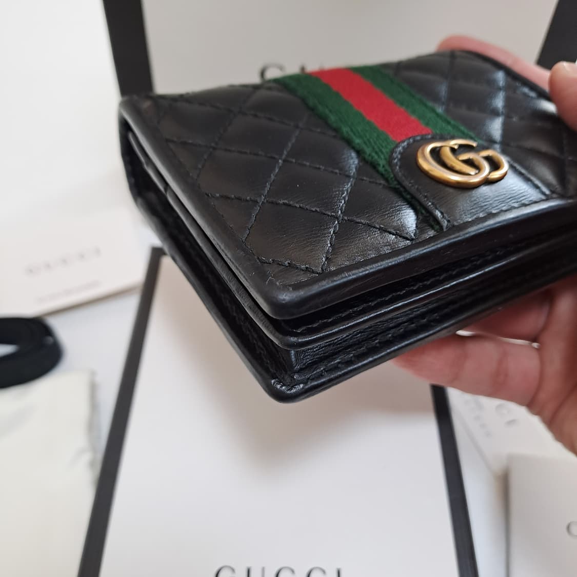 [100%/정품] 구찌 블랙 레더 퀄팅 GG 마몽 반지갑, 구찌지갑 상품이미지7