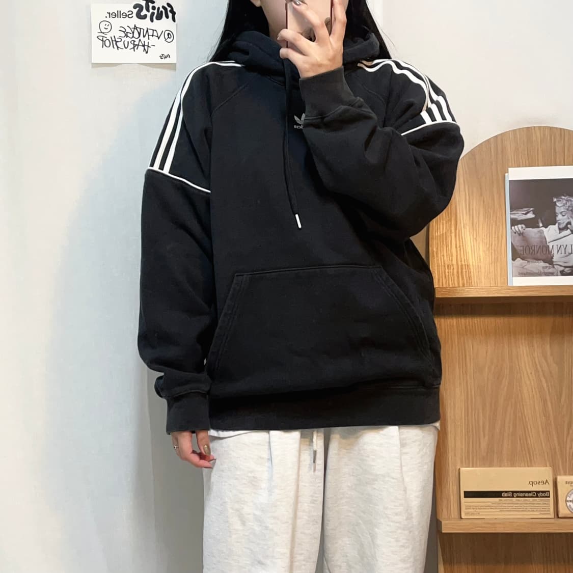 [정품] 아디다스 블랙 중앙 트레포일 후드티 [ M ] 상품이미지2