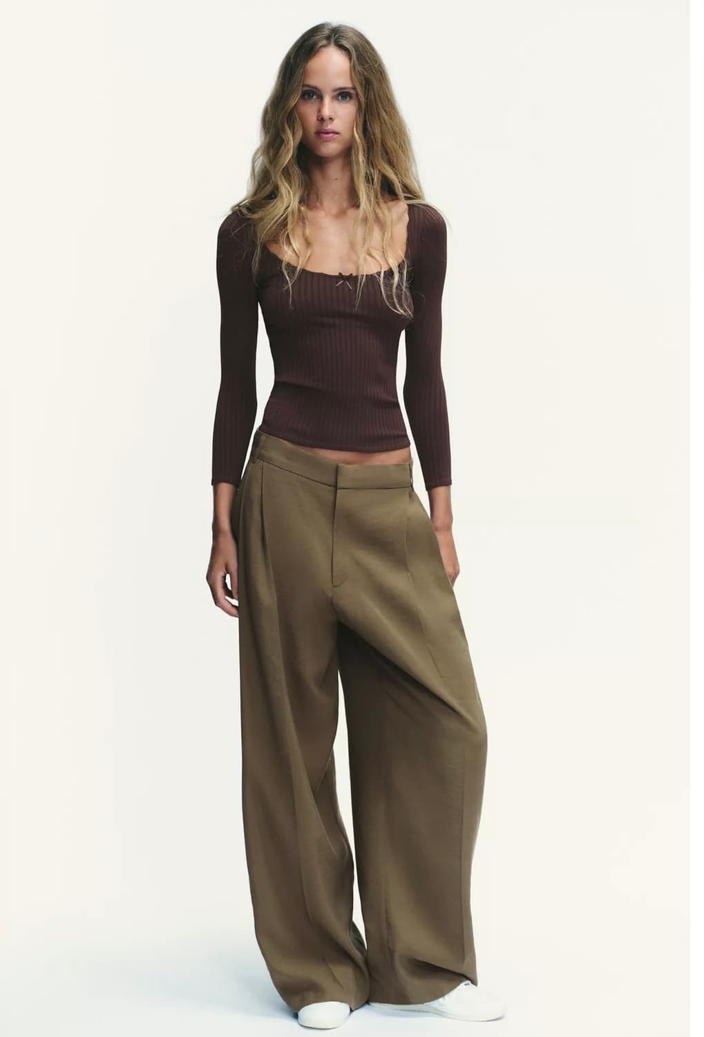 ZARA 자라 슬림핏 브이넥 리본 골지 긴팔 탑 브라운 상품이미지2