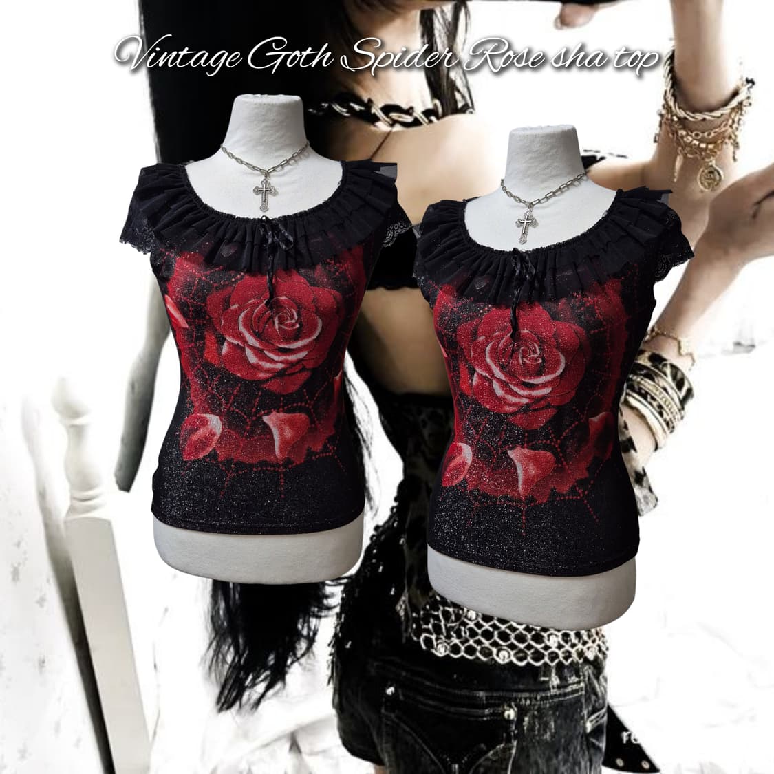 Vintage Goth Spider Rose sha top 상품이미지1
