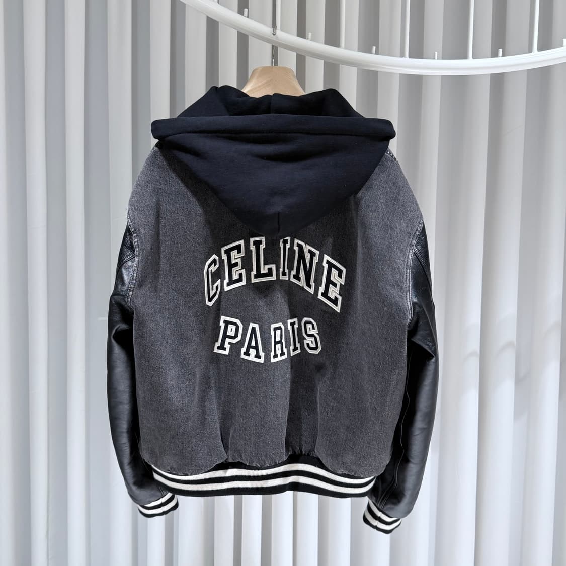 (S+ / L) / 셀린느 블랙 레더 데님 테디 후드 바시티 자켓 상품이미지4