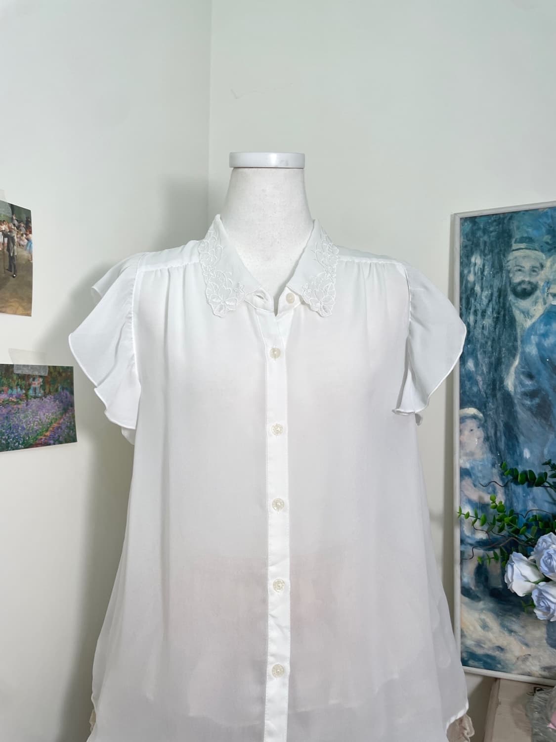 white collar flower embroidery shirring 상품이미지5