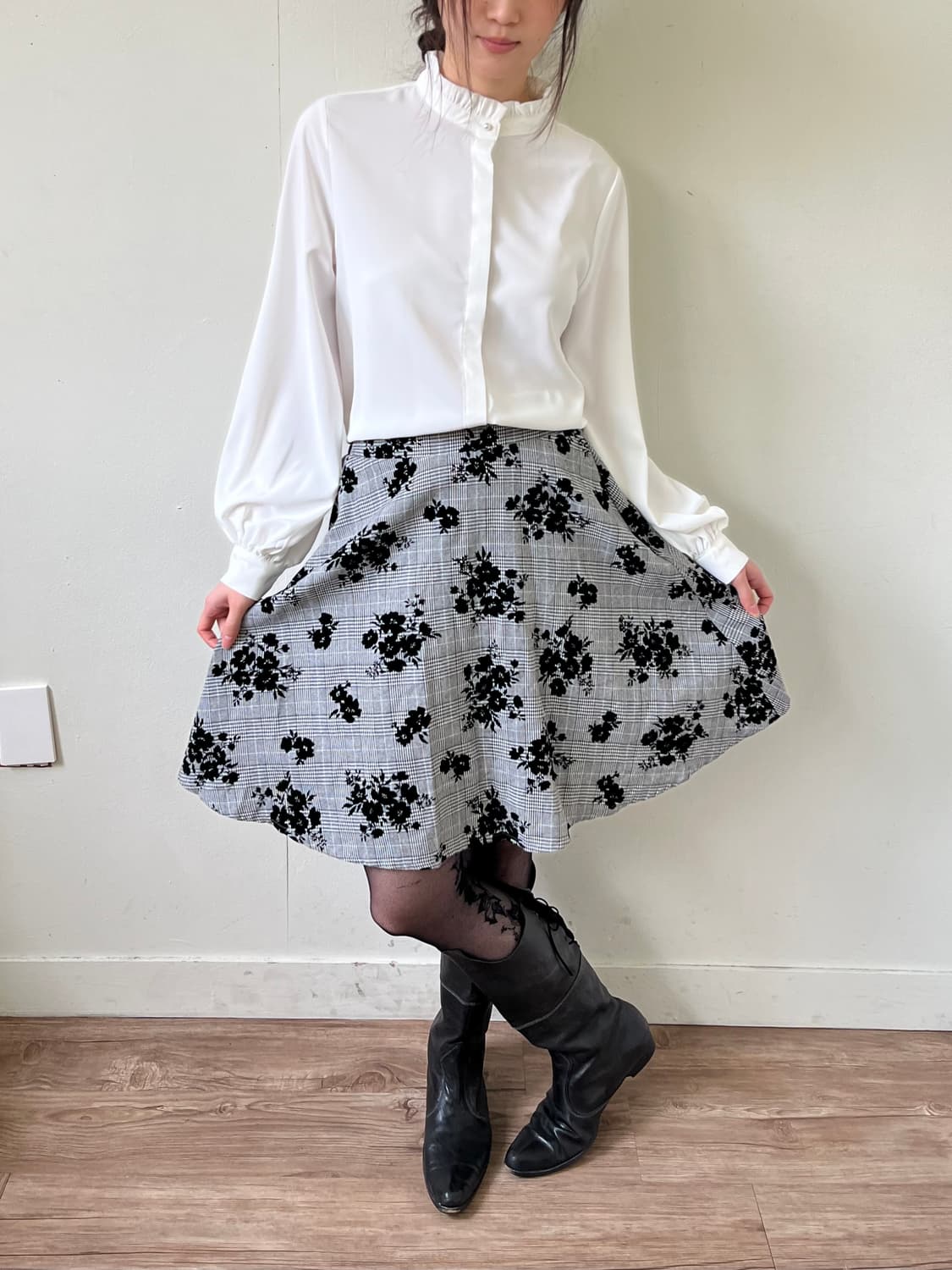 Japan vtg 체크 벨벳 플라워 스커트 상품이미지5