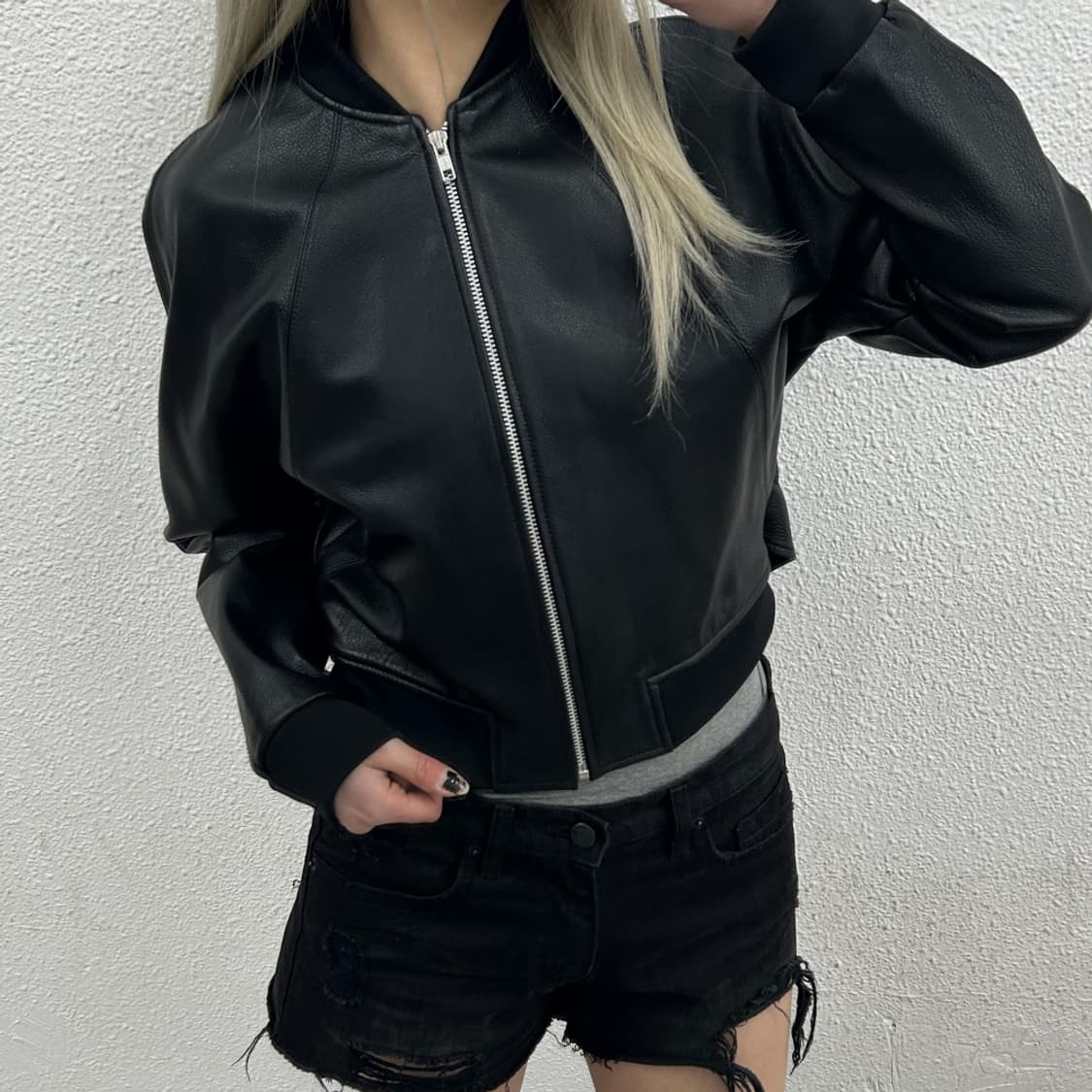 TATEMODERN 블랙 고트레더 발렌시아가맛 크롭트 플라이트 가죽자켓  상품이미지1