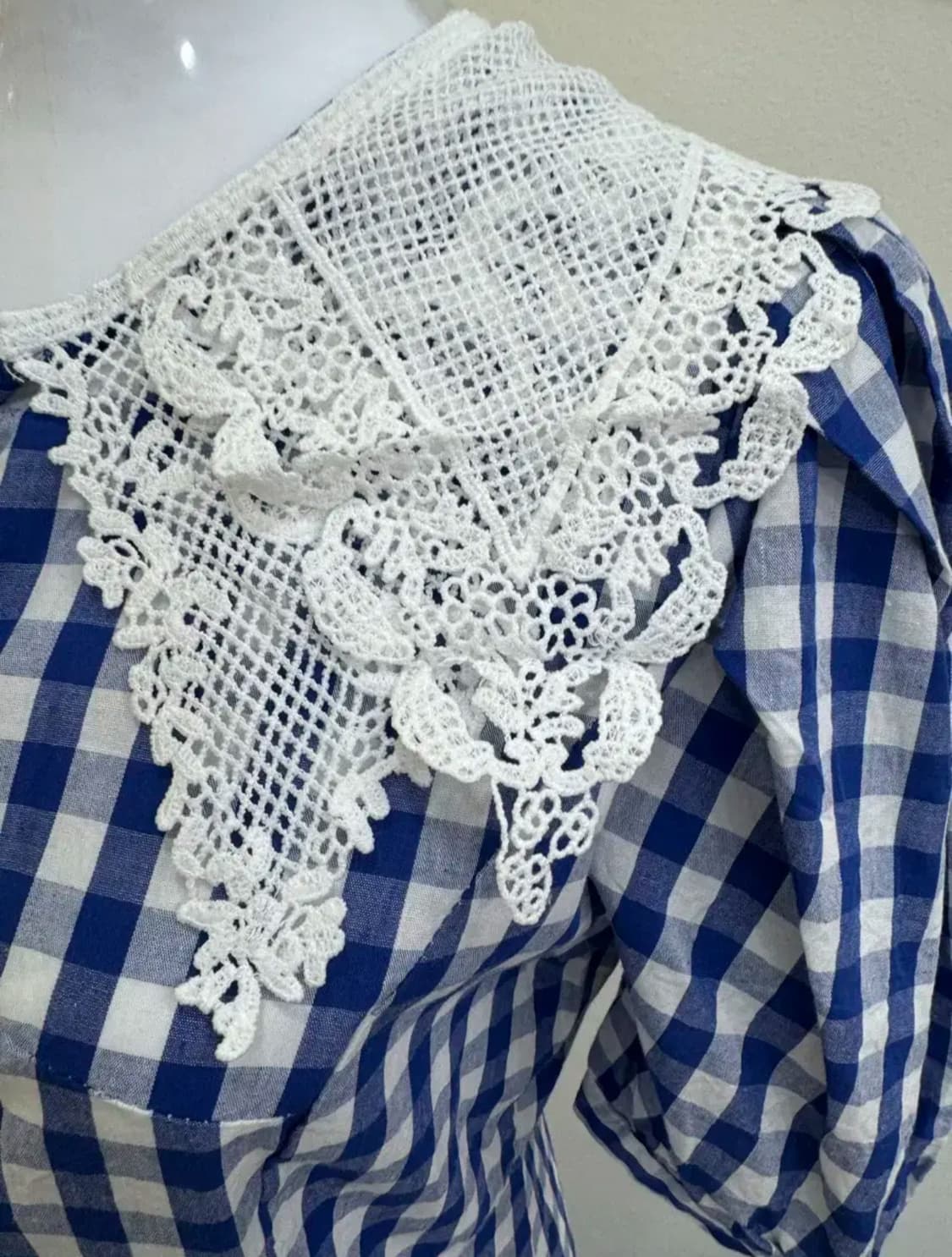 vtg 블루 깅엄 체크 레이스 카라 원피스 상품이미지3