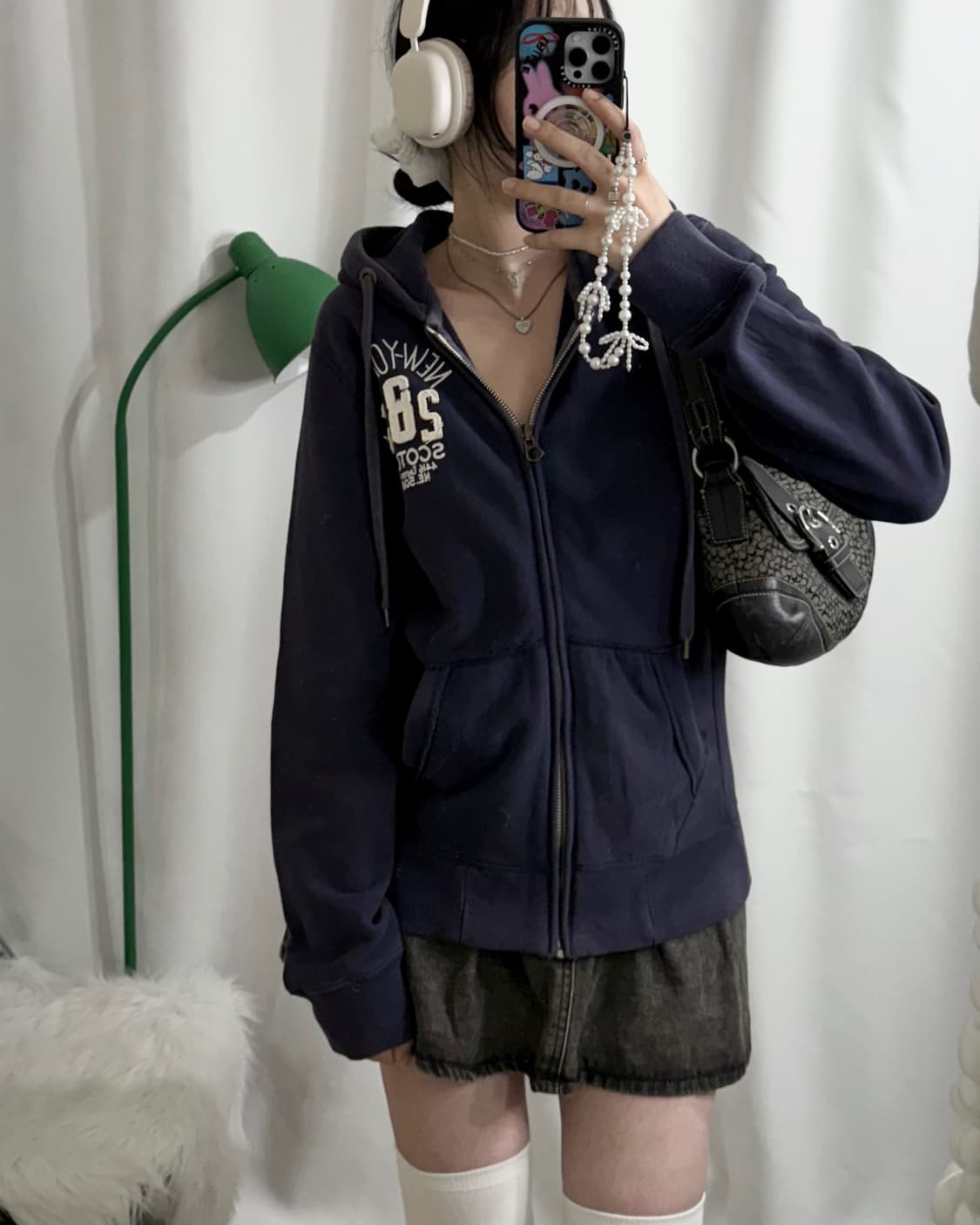 네이비 오버핏 레터링 후드 집업 상품이미지2