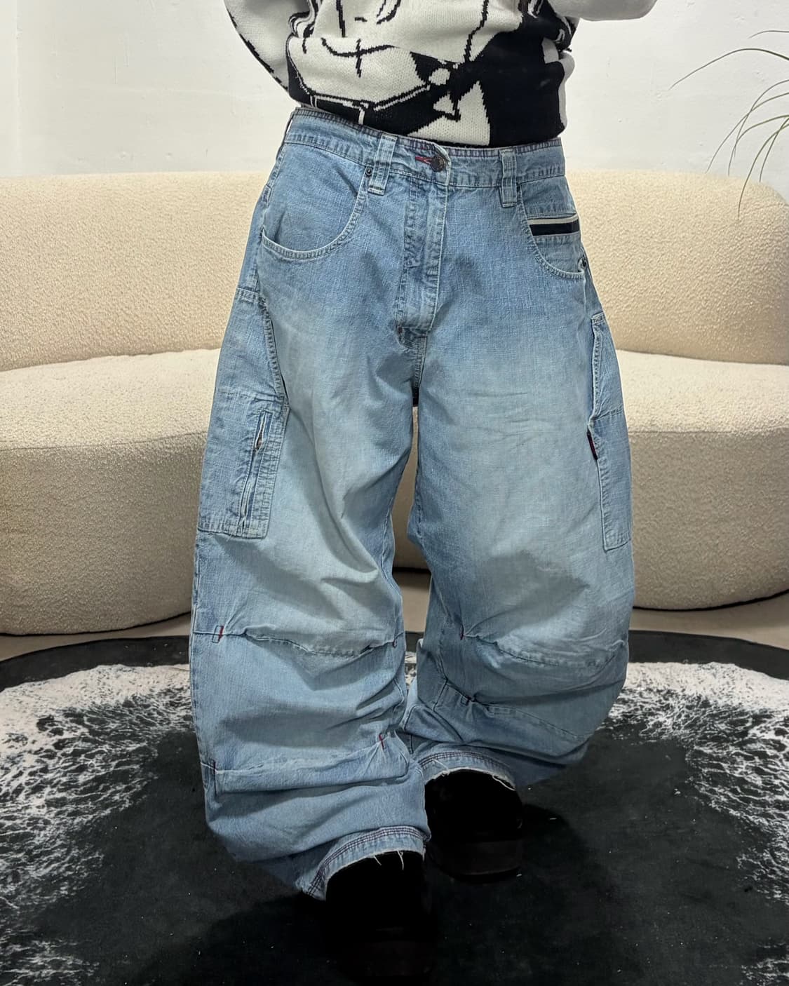 90s 올드스쿨 빈티지 핀턱 더블니 데님카고와이드팬츠 상품이미지1
