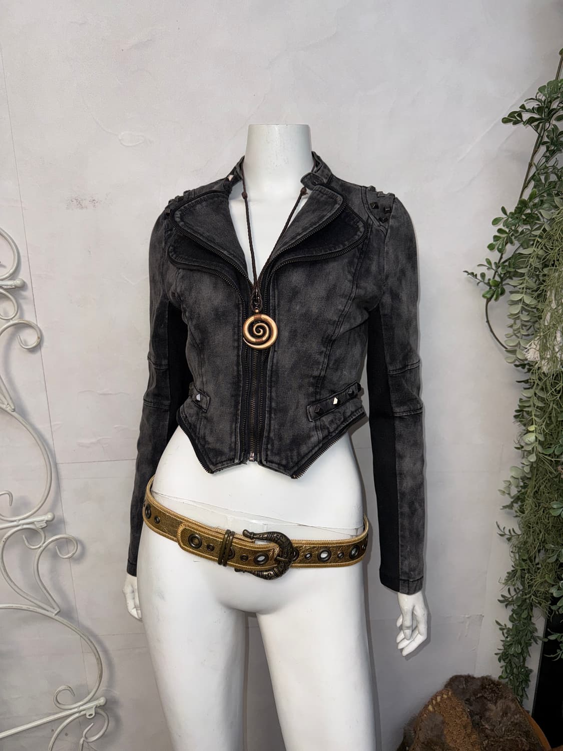 Black tie dye denim stud double rider jk 상품이미지6