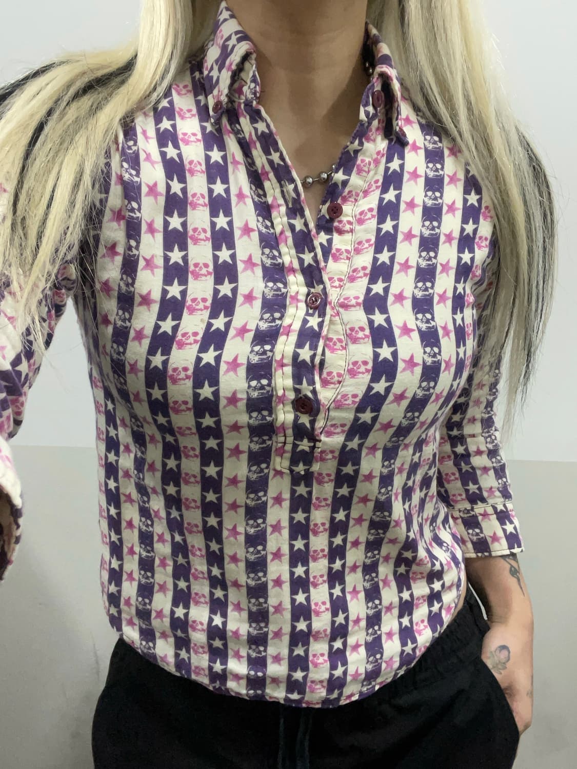 (빈티지)레어 90's 히스테릭글래머 스컬 스타올오버 패턴 슬림핏 셔츠 상품이미지1