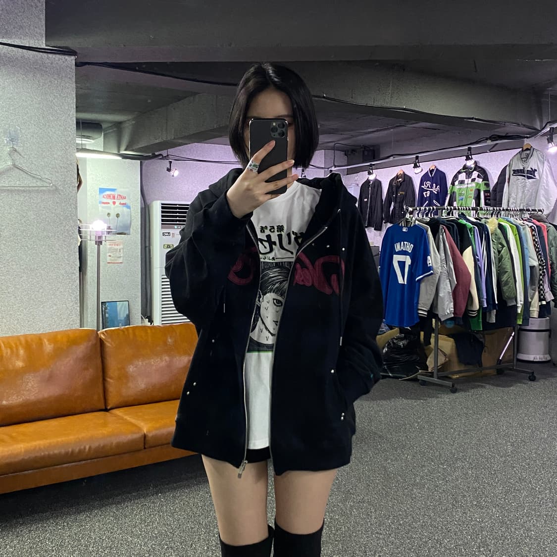 일리고 아플리케 스터드 블랙 후드 집업B2891 상품이미지1