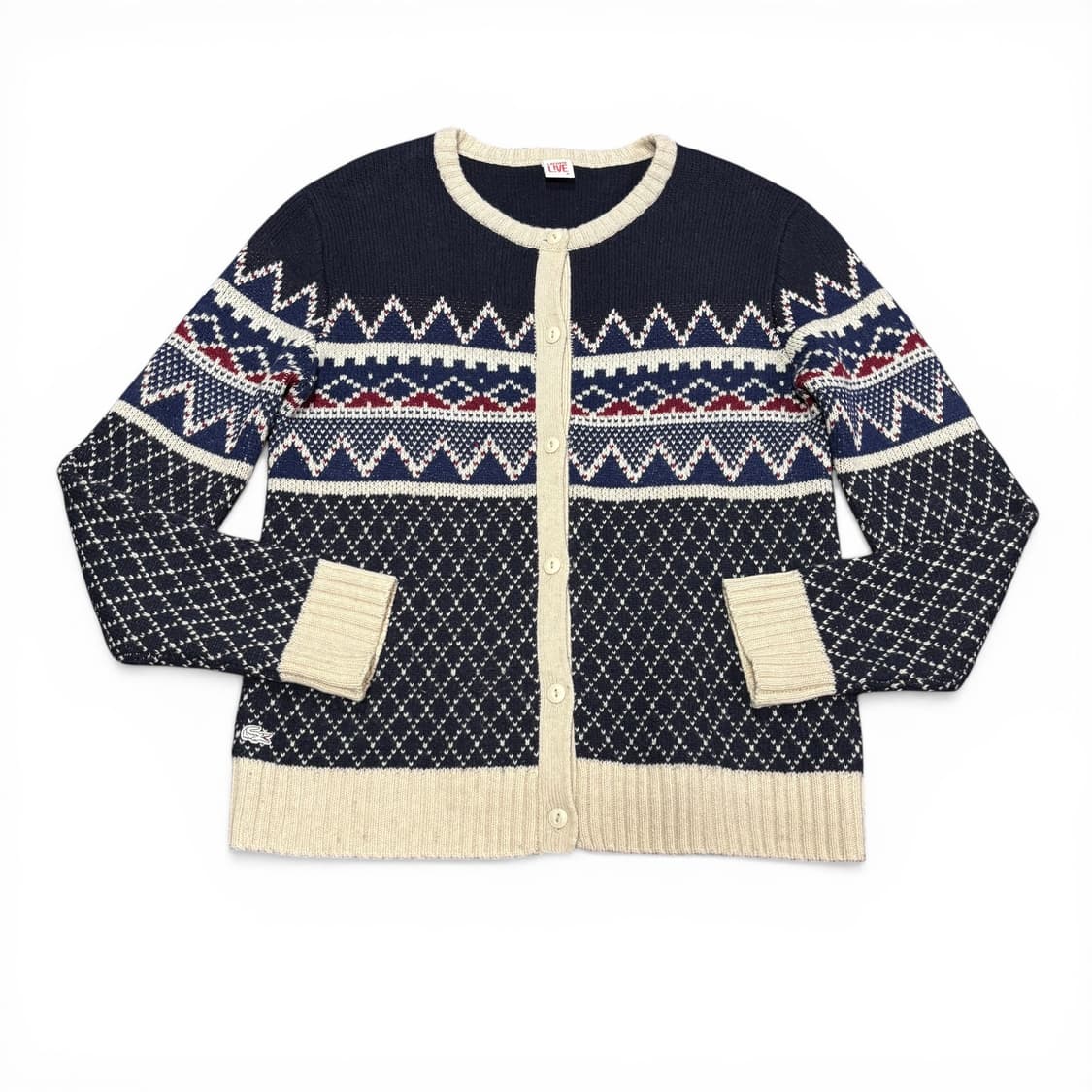 우먼M 라코스테 네이비 자카드 노르딕 U넥 라운드 가디건 상품이미지1