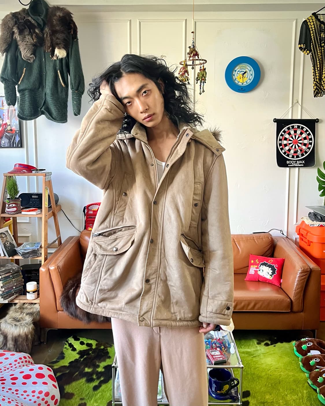 90-00s AMORE PURO Fur Hood Suede Coat 상품이미지3