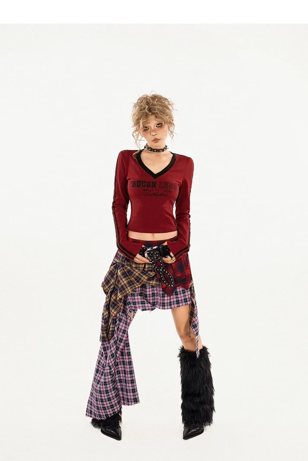 y2k 레드 V넥 긴팔 티셔츠 + 체크 스커트 상품이미지2