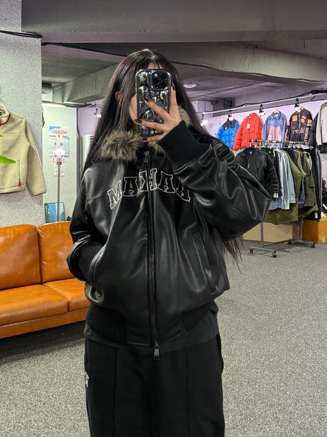 아캄 로고 퍼 후드 레더 자켓 B4354 상품이미지1