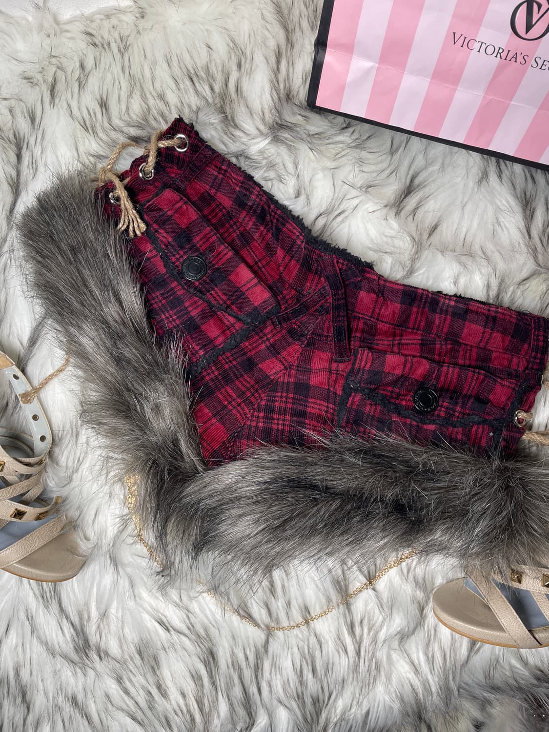 빈티지 Colza 레드 체크 커스텀 퍼팬츠 펑크 상품이미지2