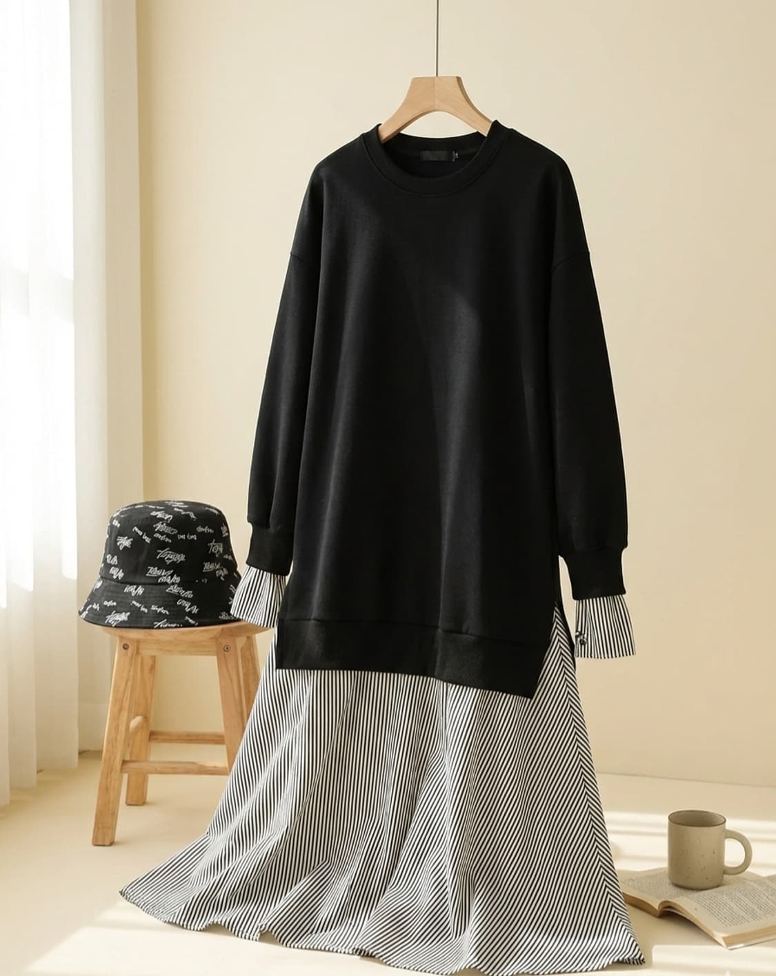 [플라스틱아일랜드] 스트라이프 셔츠 레이어드 맨투맨 원피스 상품이미지1