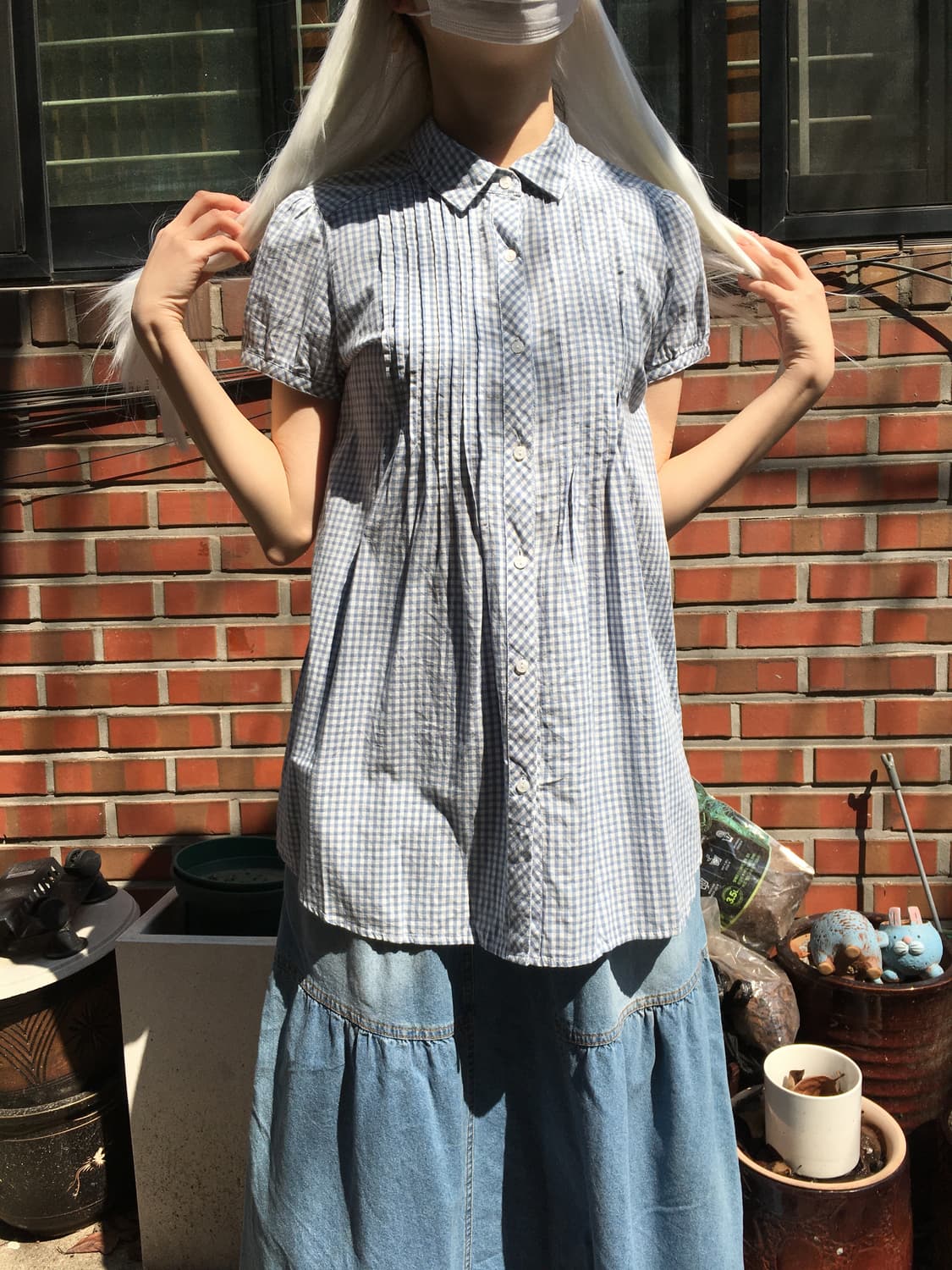 블루 깅엄 체크 셔츠 & 데님 롱 스커트 세트 상품이미지4