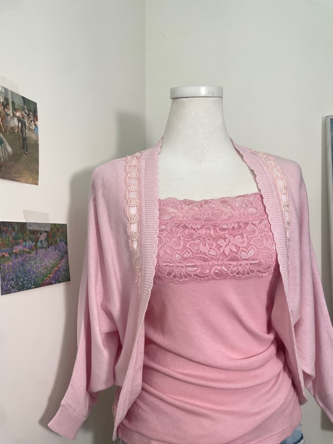 pink lace trim open cardigan&lace sleeve 상품이미지6