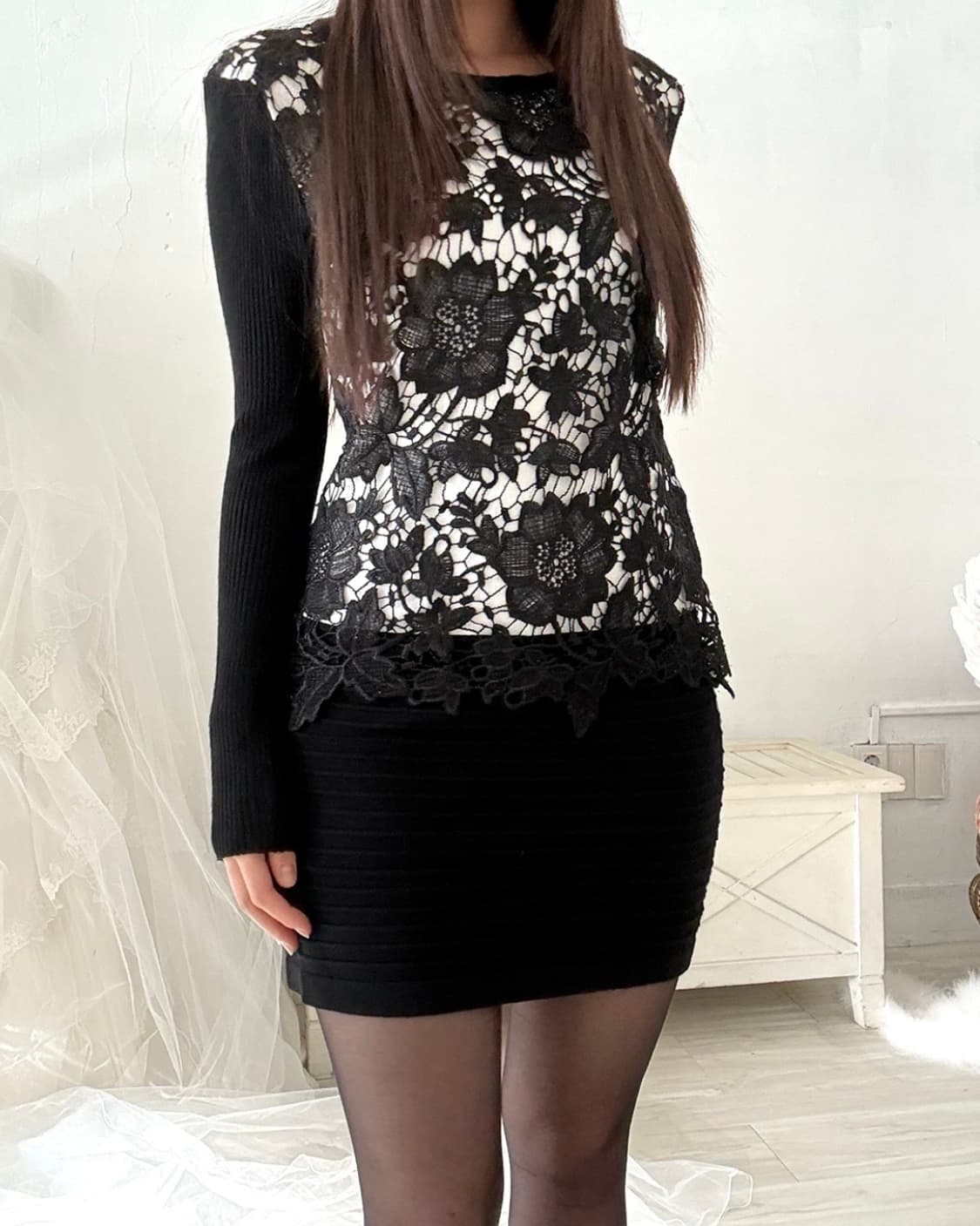 Black crochet detail dress  상품이미지3