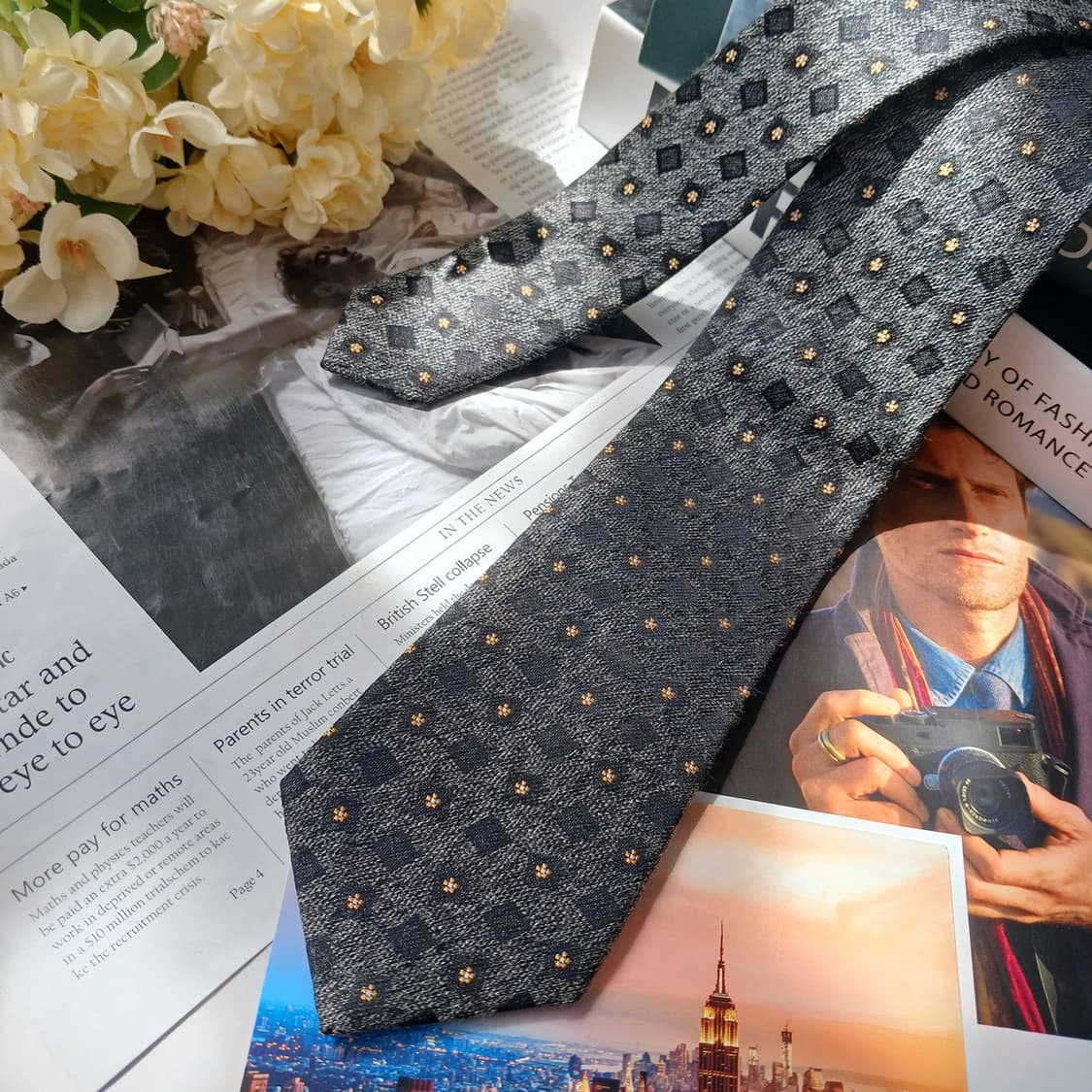 지오 송지오 실크 그레이 패턴 넥타이 7.5cm A+~A등급 E965 상품이미지4