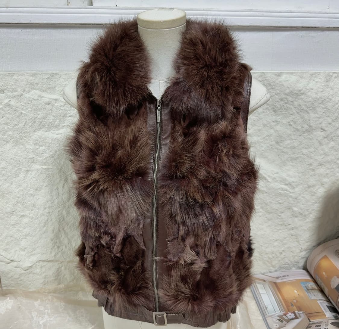 빈티지 와인 브라운 폭스퍼 여우털 양가죽 조끼 베스트 상품이미지1