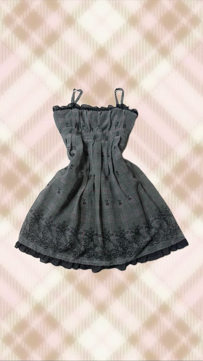 블랙 차콜 그레이 체크 리본 원피스 오네 갸루 오리엔탈 고스 빈티지 상품이미지2