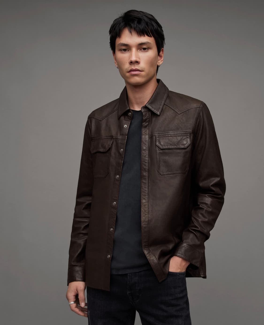올세인츠 Ivan 양가죽 레더셔츠 M / 미사용 / 고급 다크브라운 상품이미지1