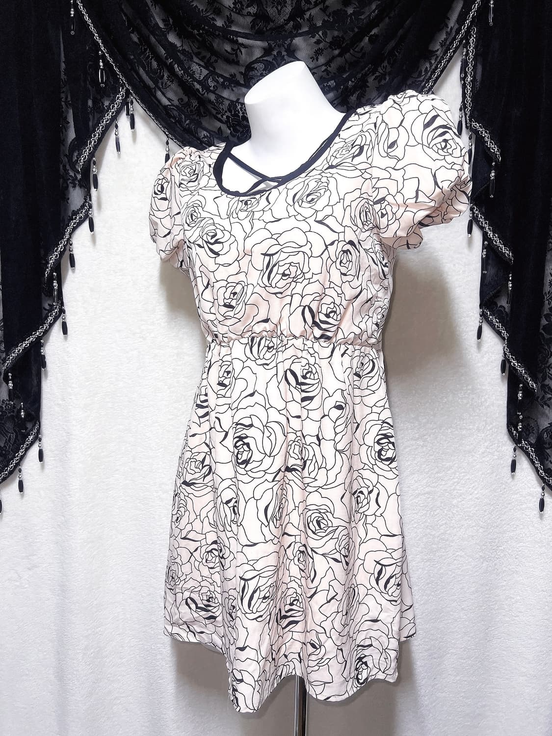 로맨틱 히메갸루 로걀 로즈패턴 퍼프숄더 원피스 드레스 핀터 라떼 러블리 상품이미지5