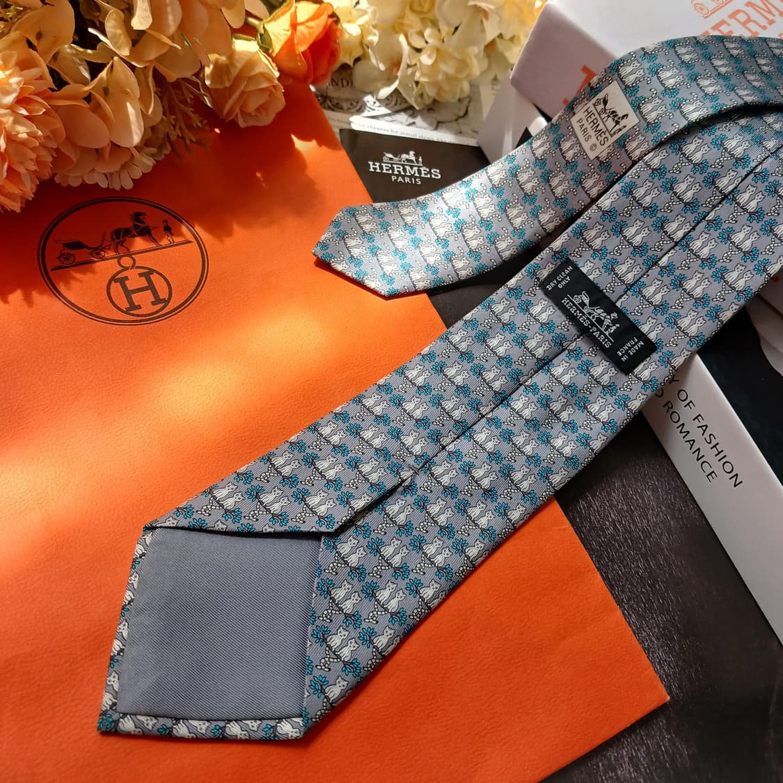 에르메스 실크 그레이 고양이 패턴 넥타이 7.8cm A등급 E948 상품이미지3