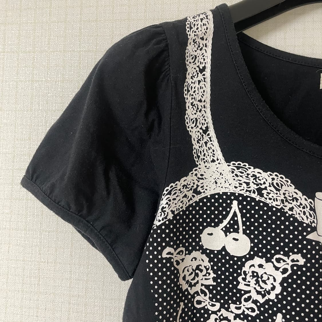 빈티지 퍼프소매 뷔스티에 레이스 플레어 반팔 티셔츠 갸루 너드 y2k 상품이미지3