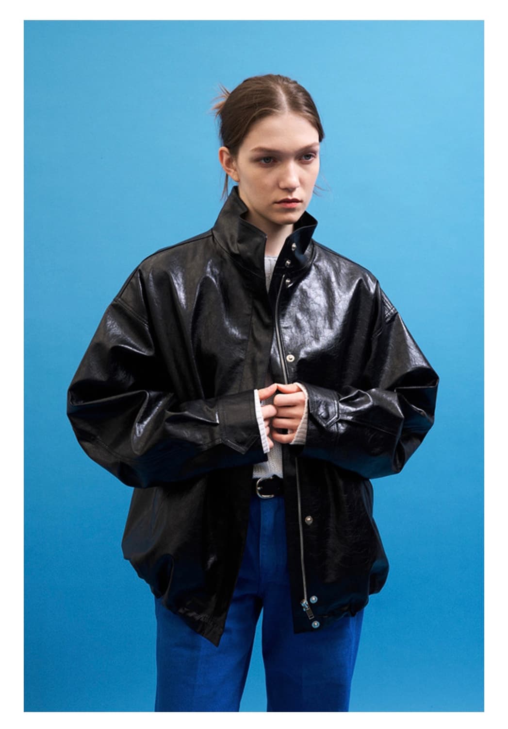 파사드패턴 오버핏 레더 점퍼 블랙 상품이미지2