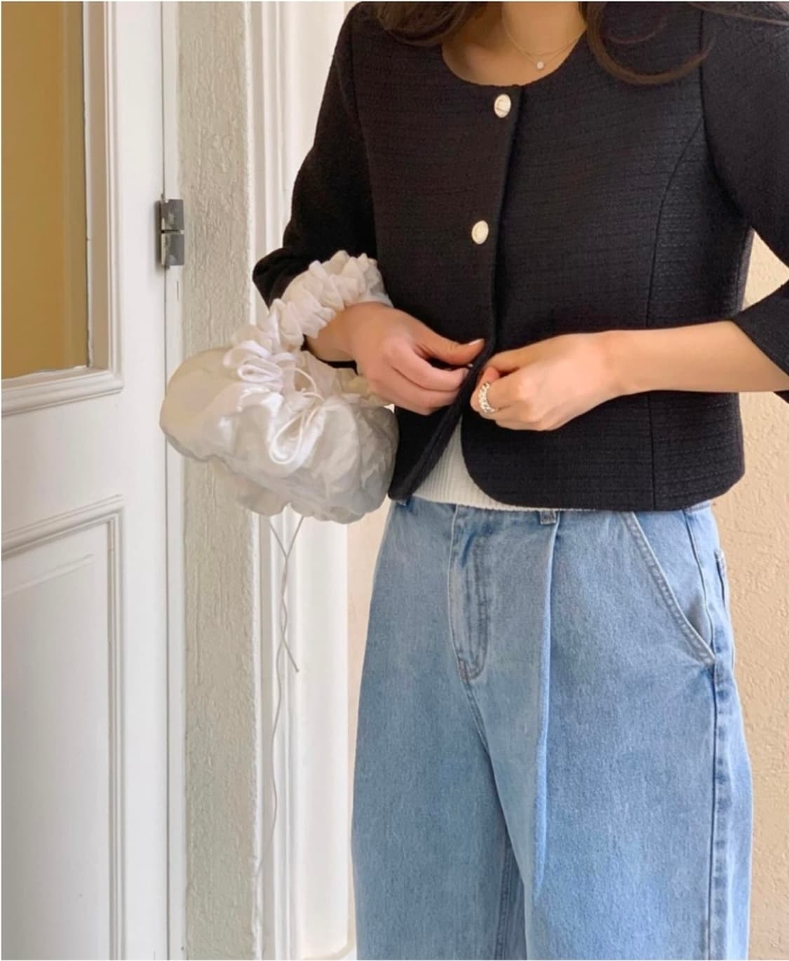 택달린새상품) 미엘 miel 브레스자켓 블랙 노카라 7부 숏 트위드 상품이미지4