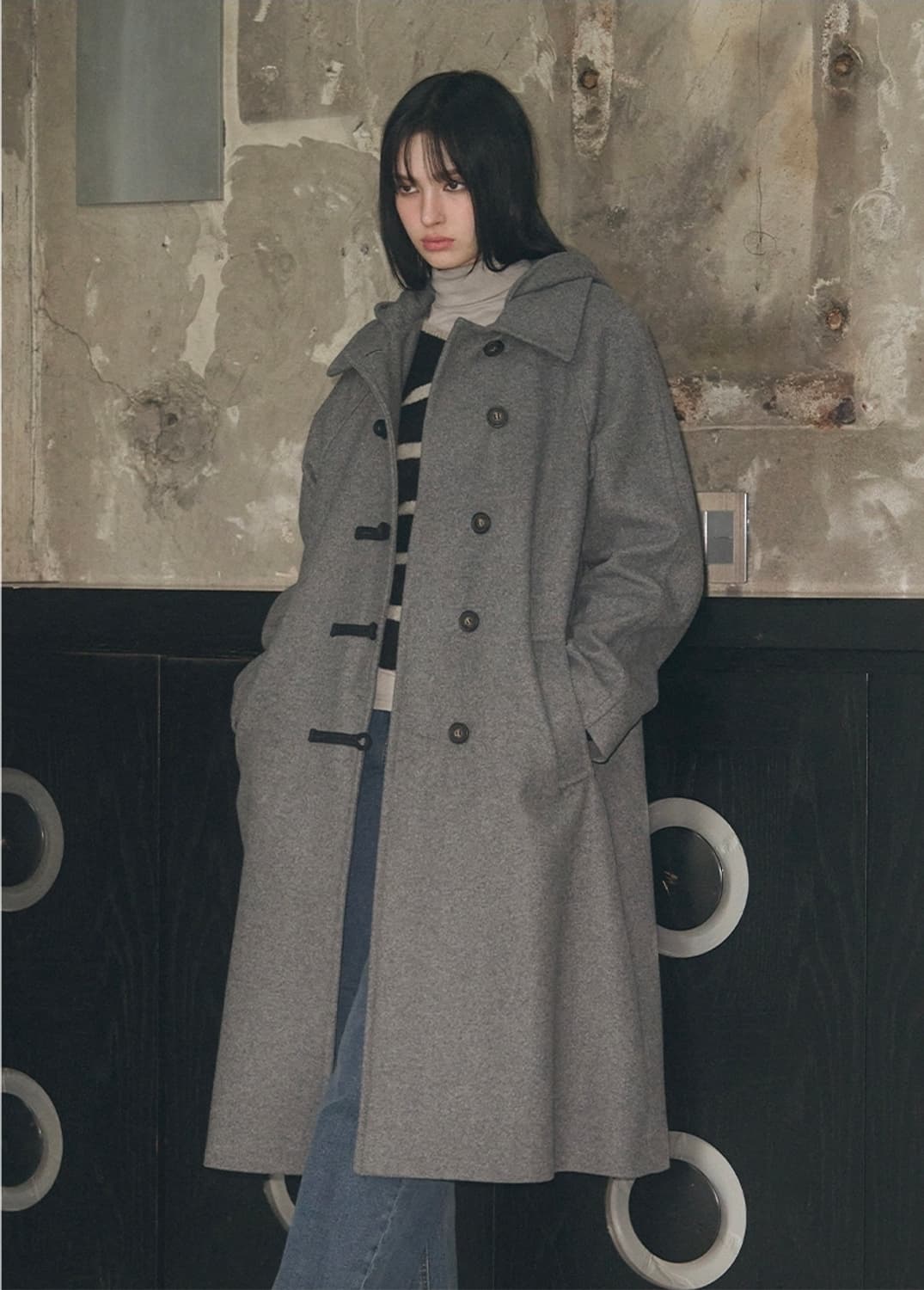 레더리 캐시미어 멜톤 더플 후디 롱 코트 그레이 상품이미지2